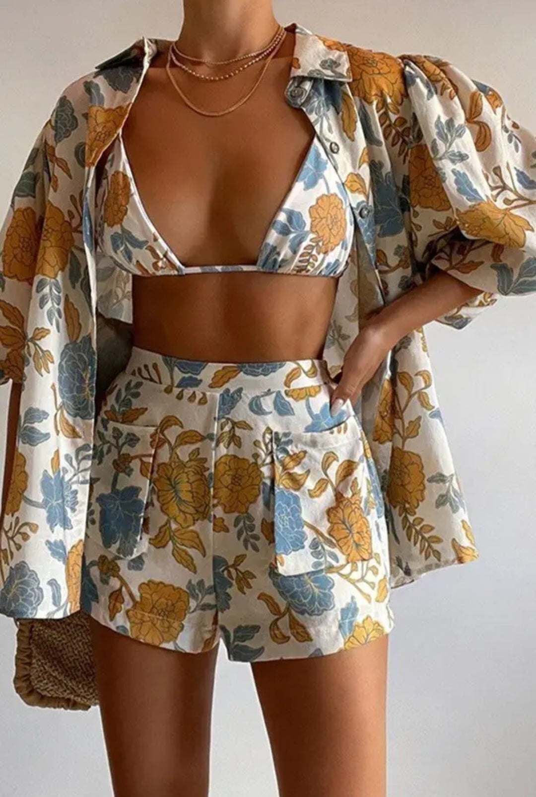 3 piece baggy top, halter and shorts
