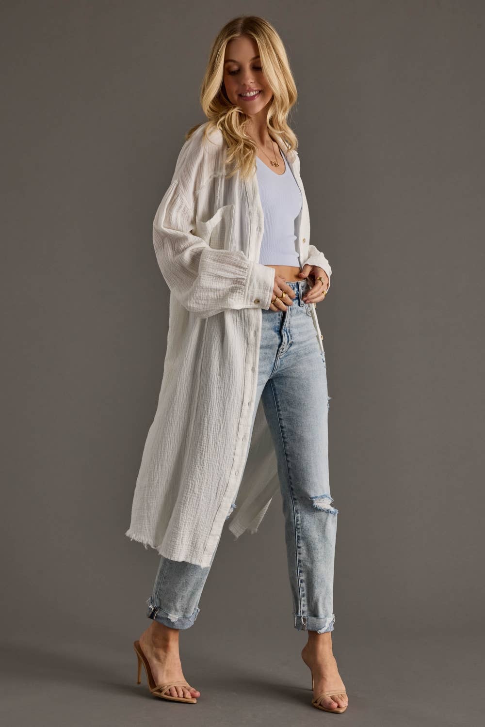 White Gauze Long Button Up