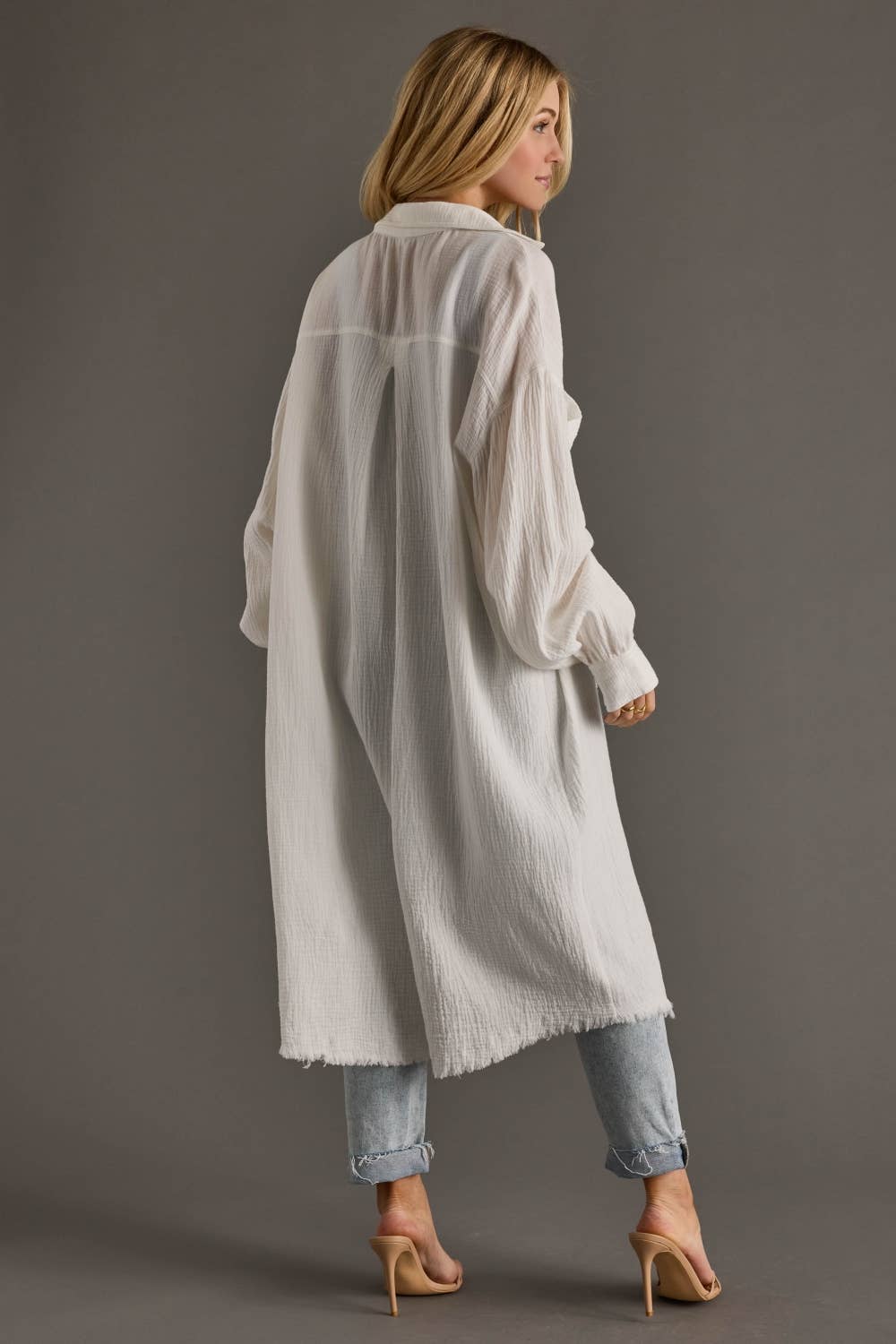 White Gauze Long Button Up