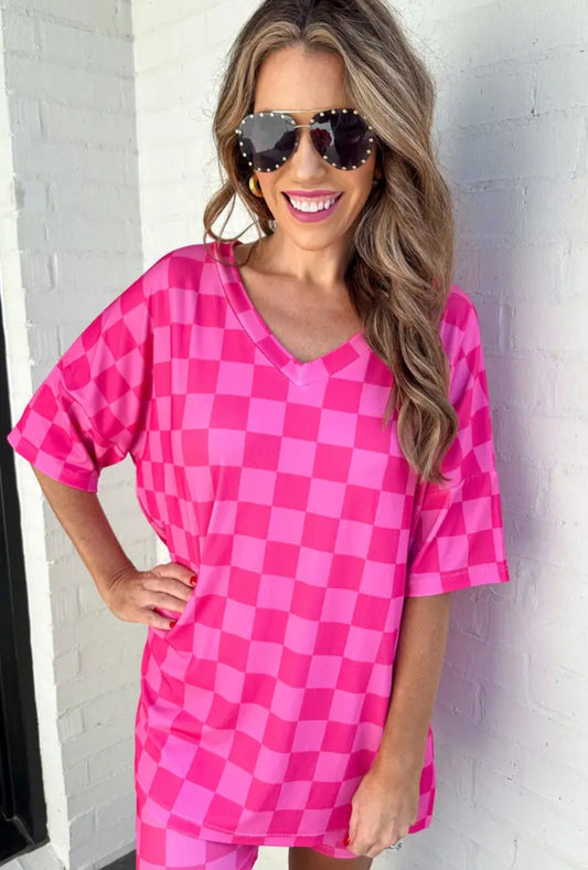 Pink checkered biker short lounge set